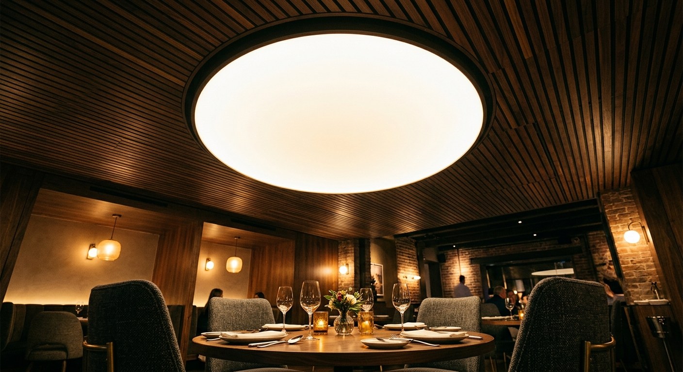 Strata LED strip matrix — restaurant ceiling